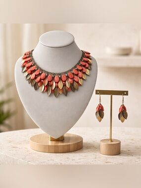 Vintage Coral Leaf Statement Necklace and Earring Set